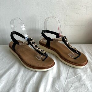 EXE Black and Tan T-Strap Sandals Metallic Chain Accents Sandals Thongs